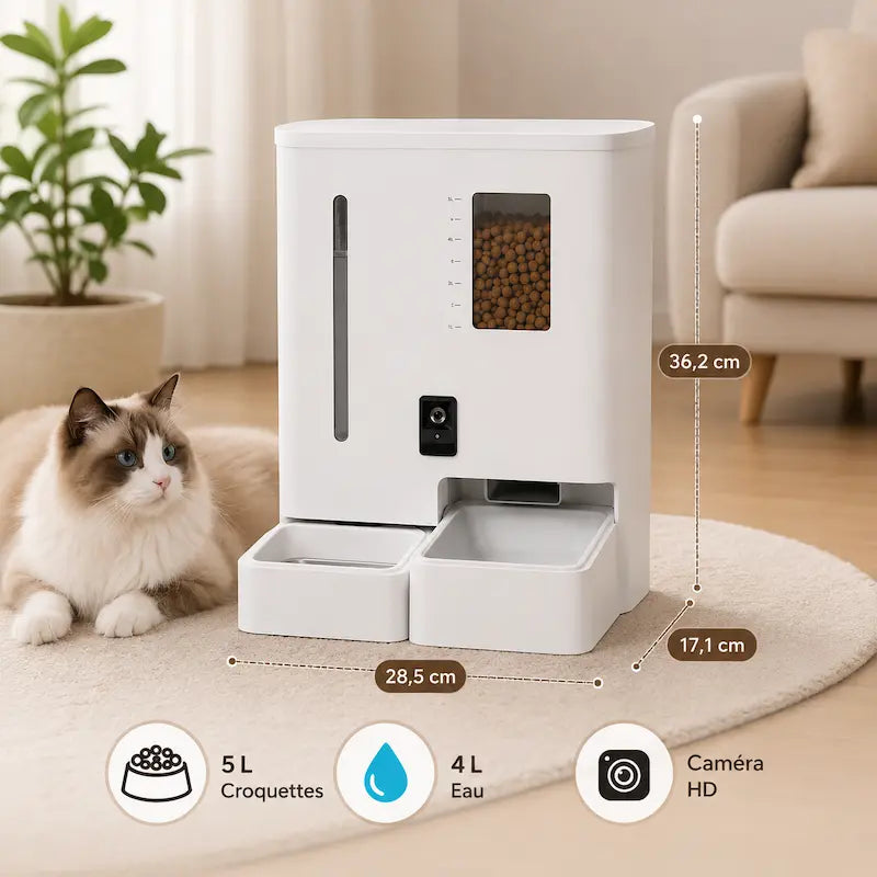 Distributeur automatique eau et croquettes chat
