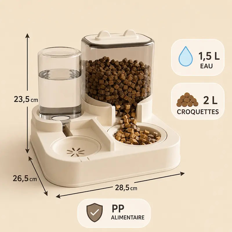 Distributeur croquettes & eau chat – 2-en-1